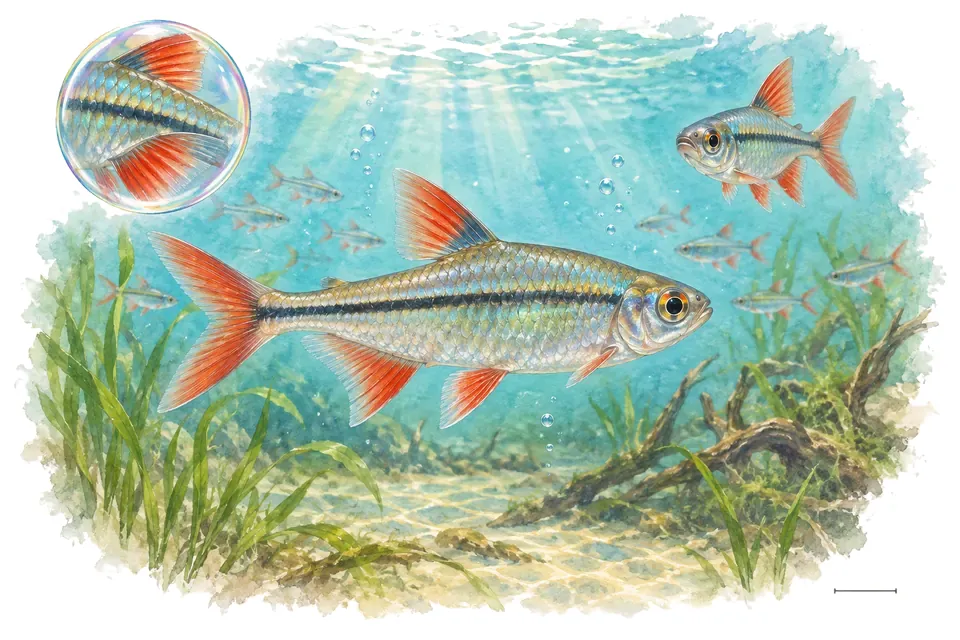 Aquarelle : Tétra africain à nageoires rouges (Micralestes acutidens) dans une eau turquoise lumineuse, avec une vue de trois quarts et un détail dans une bulle.