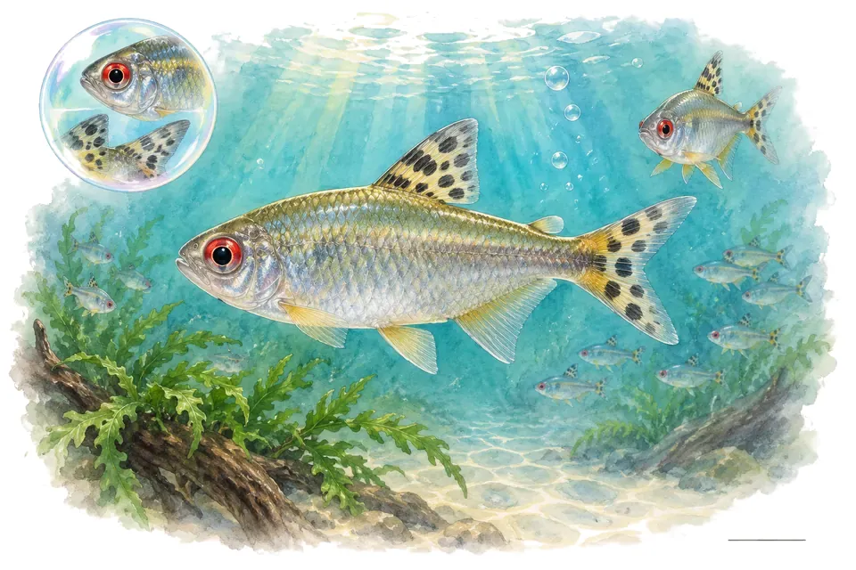 Aquarelle : Tétra africain à yeux rouges (Arnoldichthys spilopterus) dans une eau turquoise lumineuse, avec une vue de trois quarts et un détail dans une bulle.