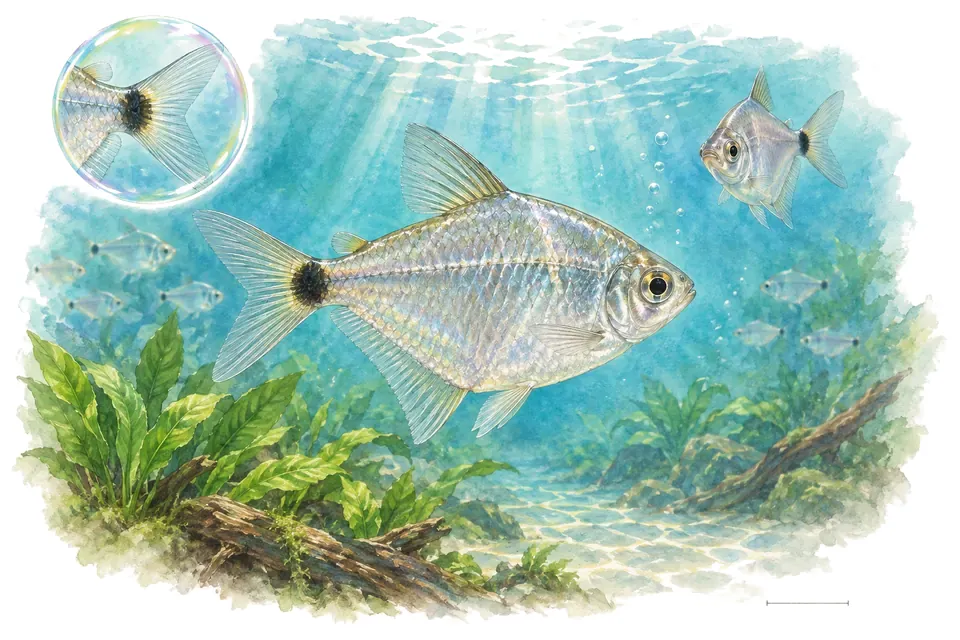 Aquarelle : Tétra argenté (Ctenobrycon spilurus) dans une eau turquoise lumineuse, avec une vue de trois quarts et un détail dans une bulle.