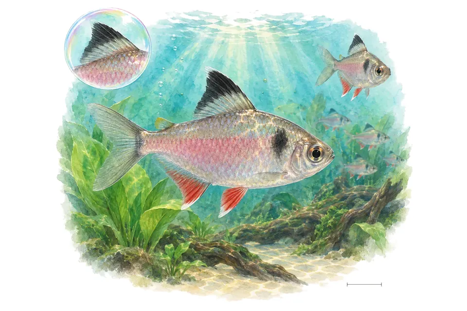 Aquarelle : Tétra bentosi (Hyphessobrycon bentosi) dans une eau turquoise lumineuse, avec une vue de trois quarts et un détail dans une bulle.