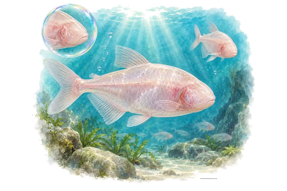Aquarelle : Tétra cavernicole aveugle (Astyanax mexicanus) dans une eau turquoise lumineuse, avec une vue de trois quarts et un détail dans une bulle.