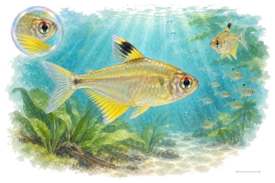 Aquarelle : Tétra citron (Hyphessobrycon pulchripinnis) dans une eau turquoise lumineuse, avec une vue de trois quarts et un détail dans une bulle.