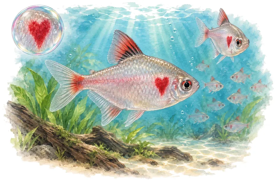 Aquarelle : Tétra cœur saignant (Hyphessobrycon erythrostigma) dans une eau turquoise lumineuse, avec une vue de trois quarts et un détail dans une bulle.
