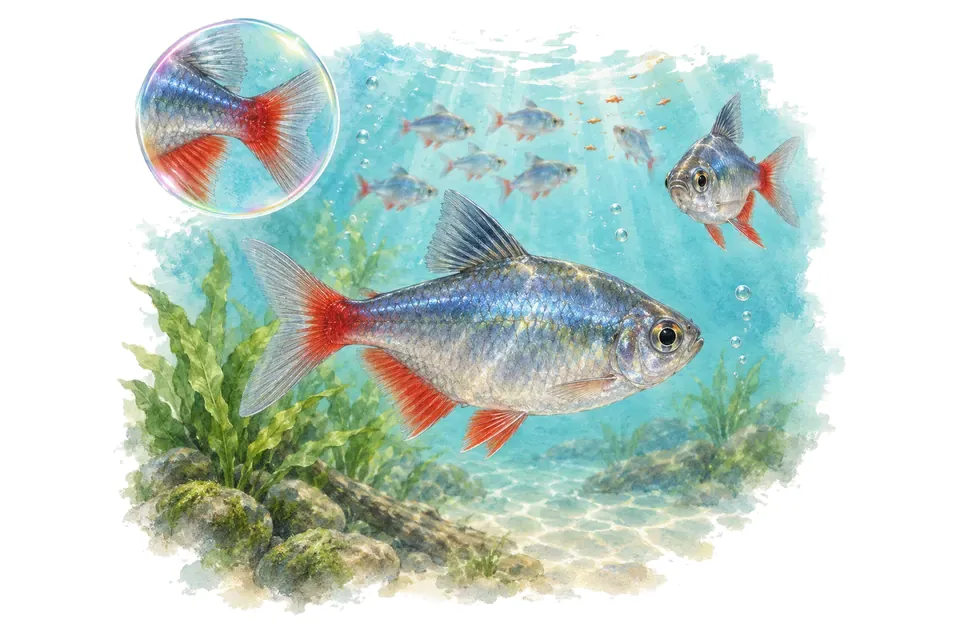 Aquarelle : Tétra colombien (Hyphessobrycon columbianus) dans une eau turquoise lumineuse, avec une vue de trois quarts et un détail dans une bulle.