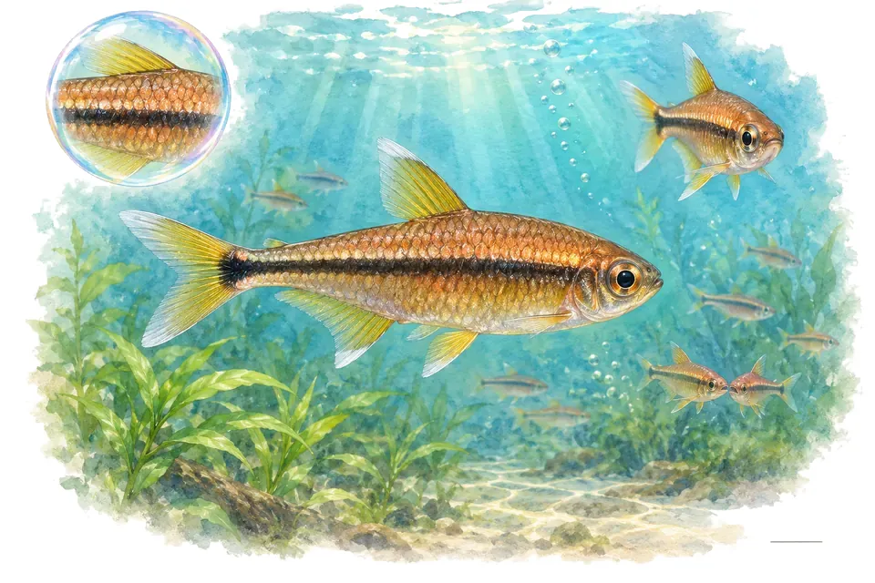 Aquarelle : Tétra cuivré (Hasemania nana) dans une eau turquoise lumineuse, avec une vue de trois quarts et un détail dans une bulle.