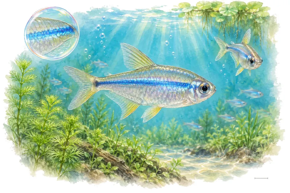 Aquarelle : Tétra de Fred Cochu (Boehlkea fredcochui) dans une eau turquoise lumineuse, avec une vue de trois quarts et un détail dans une bulle.