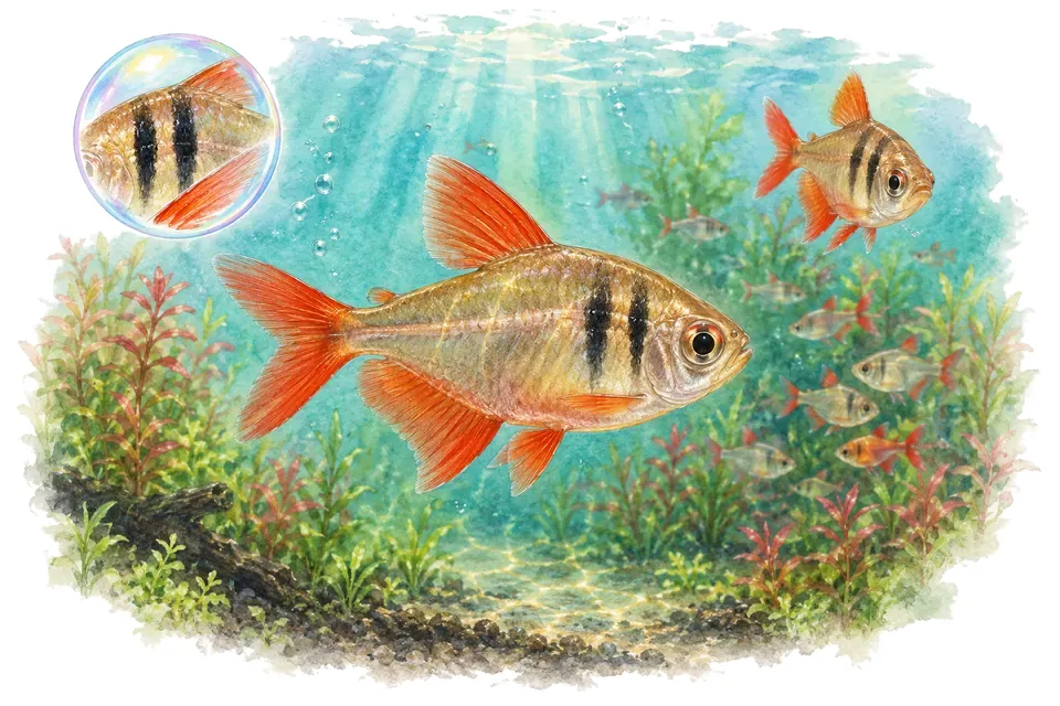 Aquarelle : Tétra de Rio (Hyphessobrycon flammeus) dans une eau turquoise lumineuse, avec une vue de trois quarts et un détail dans une bulle.