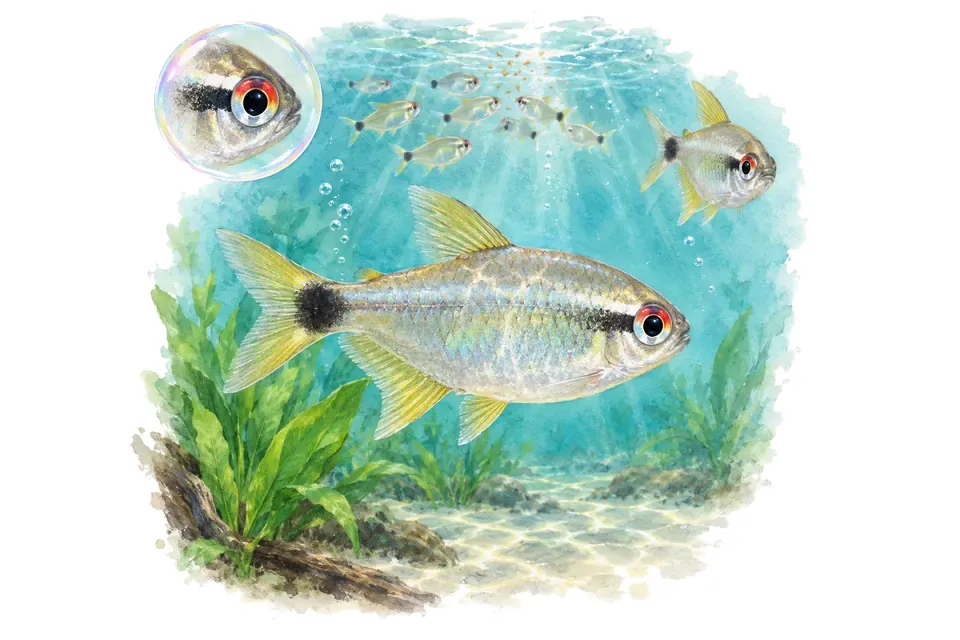 Aquarelle : Tétra de Sainte-Philomène (Moenkhausia sanctaefilomenae) dans une eau turquoise lumineuse, avec une vue de trois quarts et un détail dans une bulle.