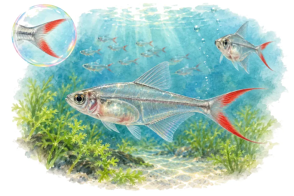 Aquarelle : Tétra de verre (Prionobrama filigera) dans une eau turquoise lumineuse, avec une vue de trois quarts et un détail dans une bulle.