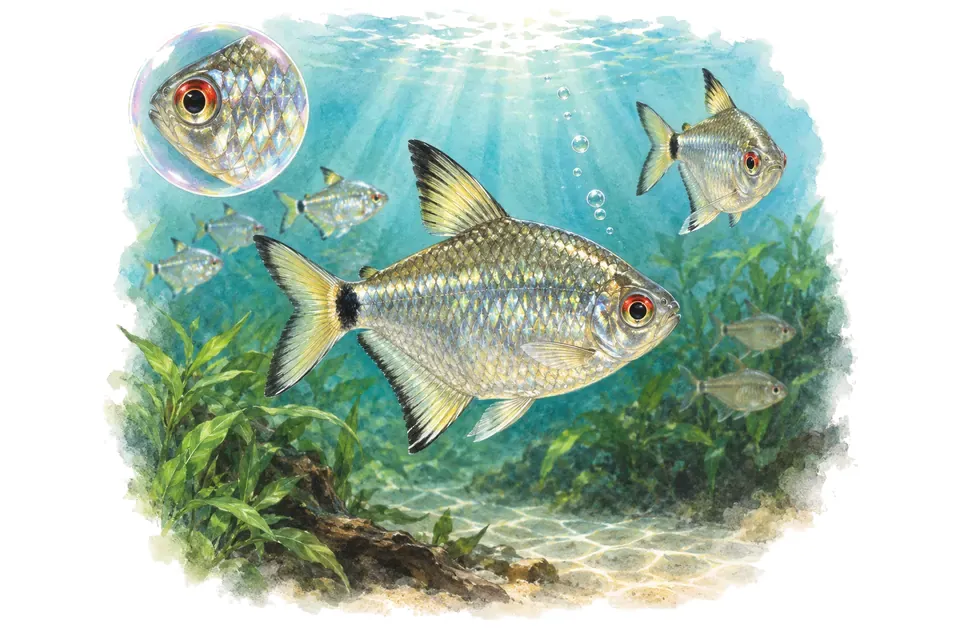 Aquarelle : Tétra diamant (Moenkhausia pittieri) dans une eau turquoise lumineuse, avec une vue de trois quarts et un détail dans une bulle.