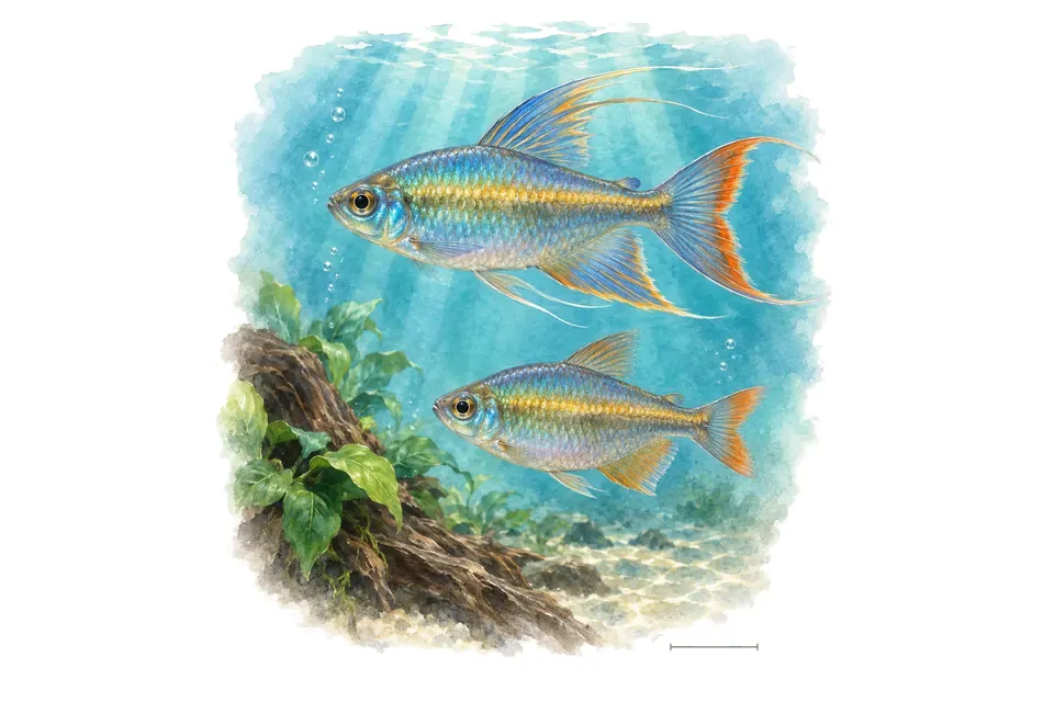 Aquarelle : Tétra du Congo, mâle et femelle l'un au-dessus de l'autre dans une eau turquoise.
