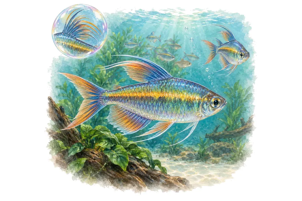 Aquarelle : Tétra du Congo (Phenacogrammus interruptus) dans une eau turquoise lumineuse, avec une vue de trois quarts et un détail dans une bulle.