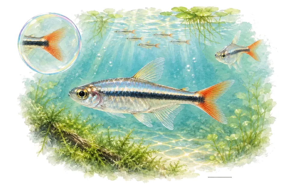 Aquarelle : Tétra du Congo nain (Ladigesia roloffi) dans une eau turquoise lumineuse, avec une vue de trois quarts et un détail dans une bulle.