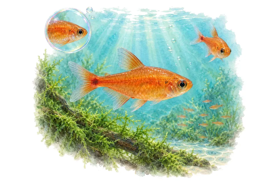 Aquarelle : Tétra amande (Hyphessobrycon amandae) dans une eau turquoise lumineuse, avec une vue de trois quarts et un détail dans une bulle.