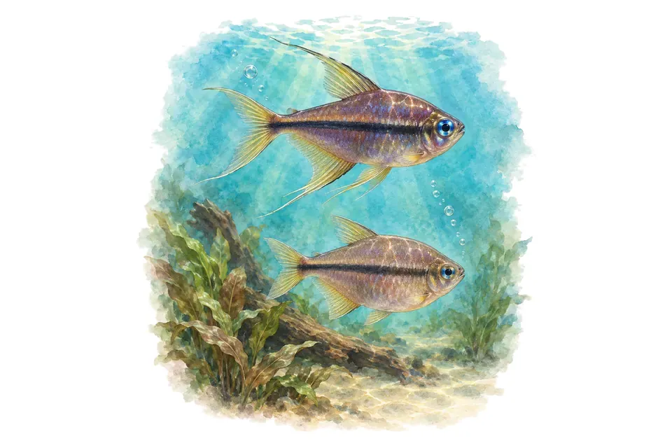 Aquarelle : Tétra empereur, mâle et femelle l'un au-dessus de l'autre dans une eau turquoise.