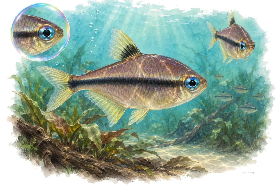Aquarelle : Tétra empereur (Nematobrycon palmeri) dans une eau turquoise lumineuse, avec une vue de trois quarts et un détail dans une bulle.