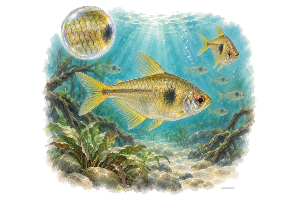 Aquarelle : Tétra fantôme jaune (Moenkhausia oligolepis) dans une eau turquoise lumineuse, avec une vue de trois quarts et un détail dans une bulle.