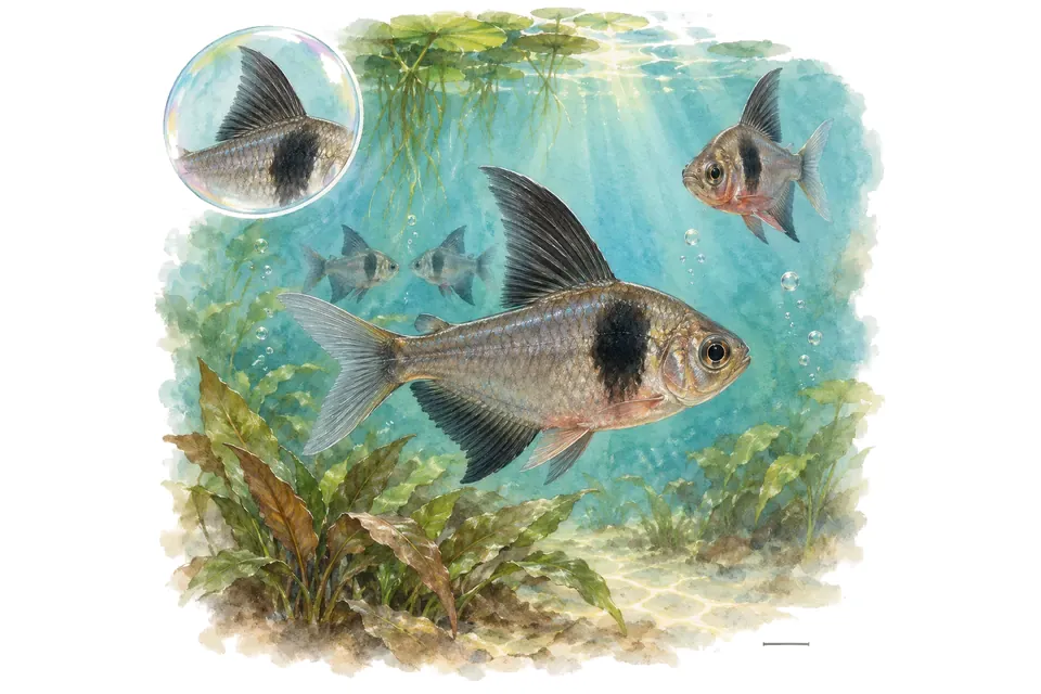 Aquarelle : Tétra fantôme noir (Hyphessobrycon megalopterus) dans une eau turquoise lumineuse, avec une vue de trois quarts et un détail dans une bulle.
