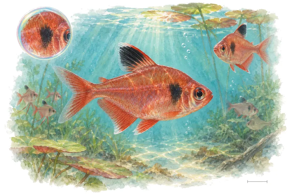 Aquarelle : Tétra fantôme rouge (Hyphessobrycon sweglesi) dans une eau turquoise lumineuse, avec une vue de trois quarts et un détail dans une bulle.