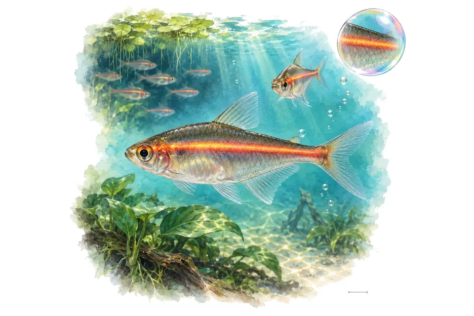 Aquarelle : Tétra néon rose (Hemigrammus erythrozonus) dans une eau turquoise lumineuse, avec une vue de trois quarts et un détail dans une bulle.
