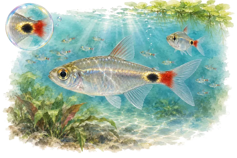 Aquarelle : Tétra lumière (Hemigrammus ocellifer) dans une eau turquoise lumineuse, avec une vue de trois quarts et un détail dans une bulle.