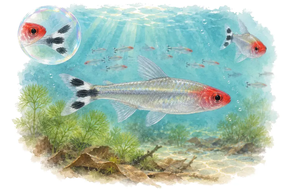 Aquarelle : Tétra nez-rouge (Petitella rhodostoma) dans une eau turquoise lumineuse, avec une vue de trois quarts et un détail dans une bulle.