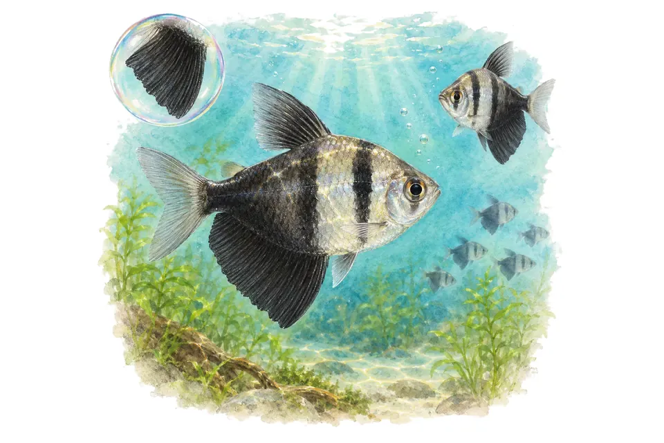 Aquarelle : Tétra noir (Gymnocorymbus ternetzi) dans une eau turquoise lumineuse, avec une vue de trois quarts et un détail dans une bulle.
