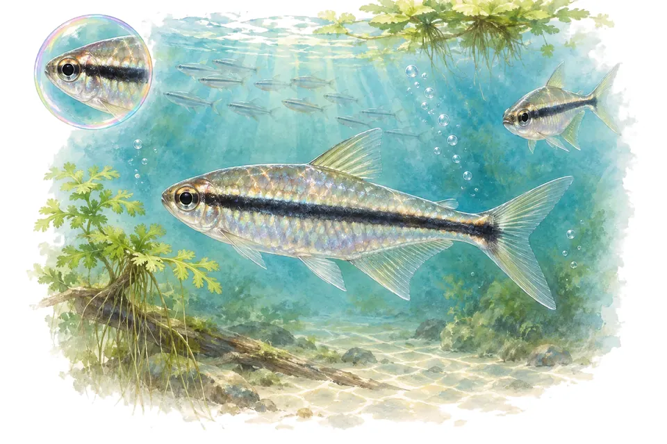 Aquarelle : Tétra pingouin oblique (Thayeria obliqua) dans une eau turquoise lumineuse, avec une vue de trois quarts et un détail dans une bulle.