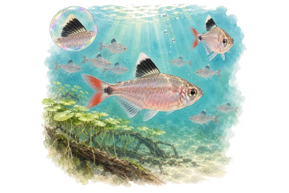 Aquarelle : Tétra rose (Hyphessobrycon rosaceus) dans une eau turquoise lumineuse, avec une vue de trois quarts et un détail dans une bulle.