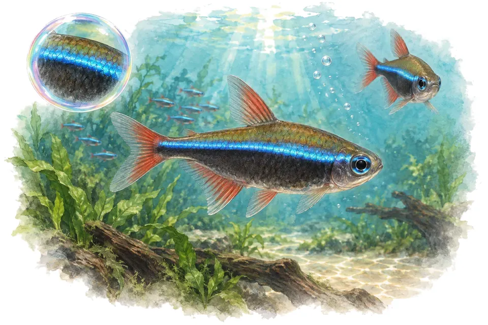 Aquarelle : Tétra royal bleu (Inpaichthys kerri) dans une eau turquoise lumineuse, avec une vue de trois quarts et un détail dans une bulle.