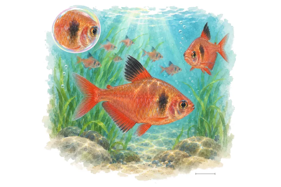 Aquarelle : Tétra serpae (Hyphessobrycon eques) dans une eau turquoise lumineuse, avec une vue de trois quarts et un détail dans une bulle.