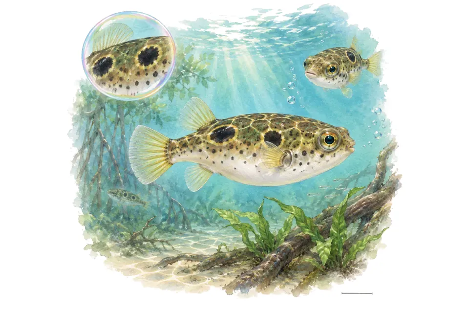 Aquarelle : Tétraodon à huit yeux (Dichotomyctere ocellatus) dans une eau turquoise lumineuse, avec une vue de trois quarts et un détail dans une bulle.