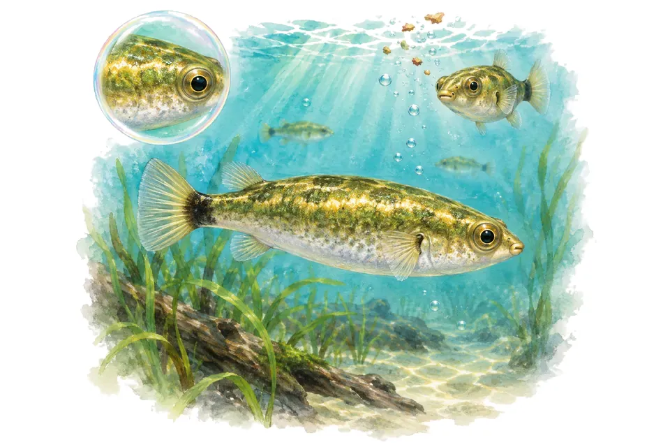 Aquarelle : Tétraodon à yeux dorés (Auriglobus modestus) dans une eau turquoise lumineuse, avec une vue de trois quarts et un détail dans une bulle.
