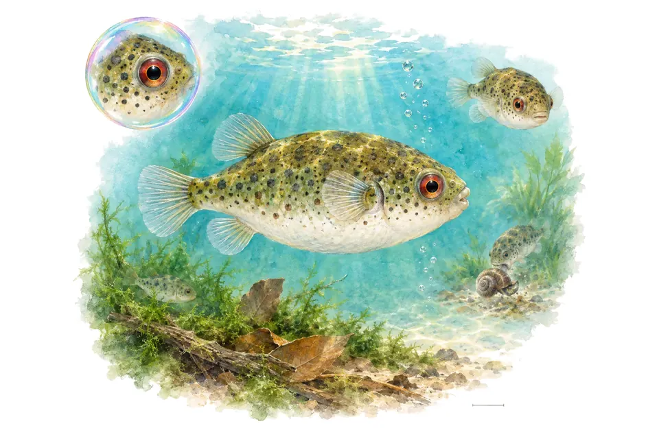 Aquarelle : Tétraodon à yeux rouges (Pao cochinchinensis) dans une eau turquoise lumineuse, avec une vue de trois quarts et un détail dans une bulle.