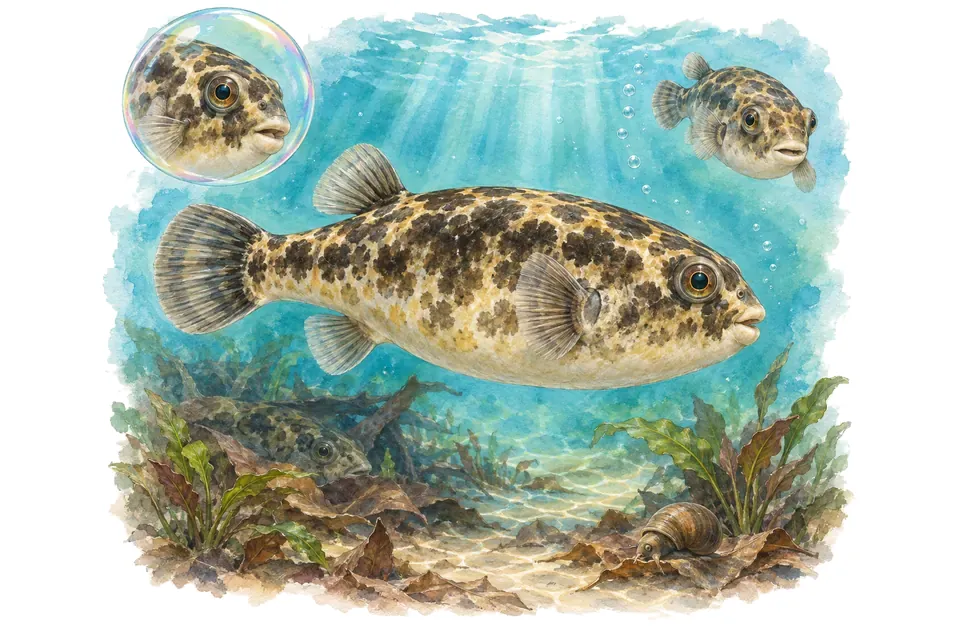Aquarelle : Tétraodon de Palembang (Pao palembangensis) dans une eau turquoise lumineuse, avec une vue de trois quarts et un détail dans une bulle.