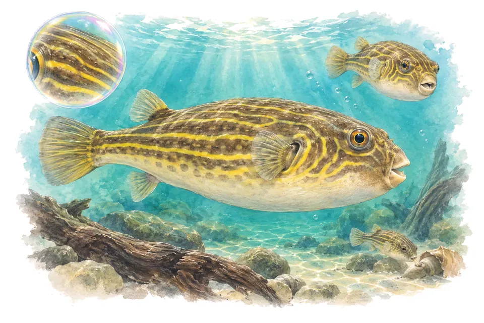 Aquarelle : Tétraodon fahaka (Tetraodon lineatus) dans une eau turquoise lumineuse, avec une vue de trois quarts et un détail dans une bulle.