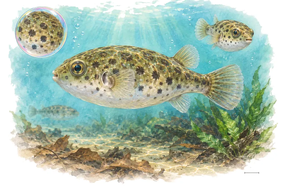 Aquarelle : Tétraodon d'Abe (Pao abei) dans une eau turquoise lumineuse, avec une vue de trois quarts et un détail dans une bulle.