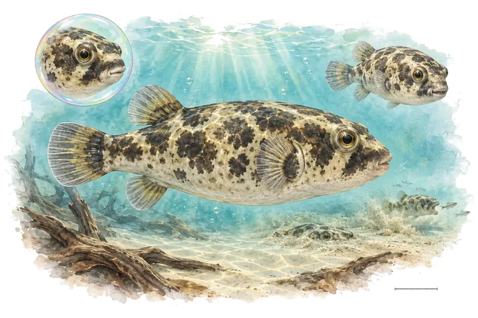 Aquarelle : Tétraodon nain de Thaïlande (Pao suvattii) dans une eau turquoise lumineuse, avec une vue de trois quarts et un détail dans une bulle.