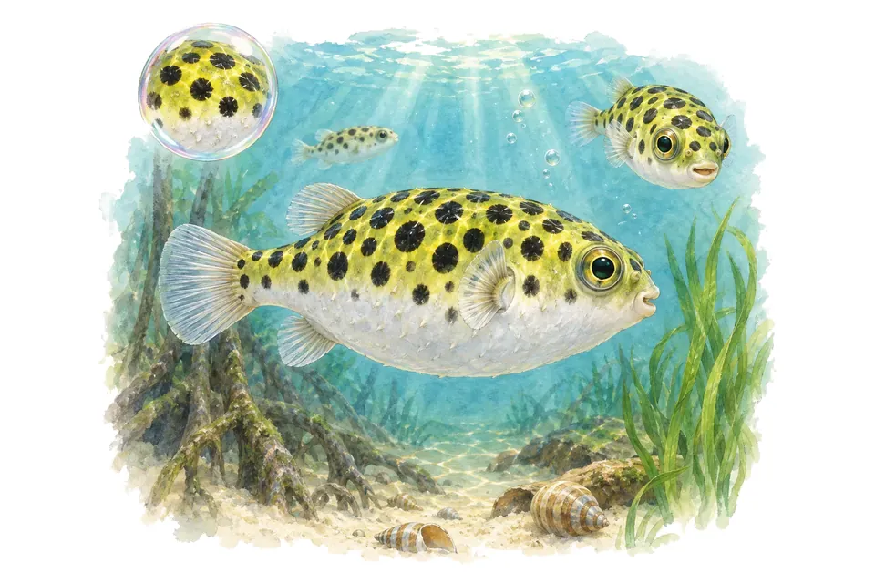 Aquarelle : Tétraodon vert (Dichotomyctere nigroviridis) dans une eau turquoise lumineuse, avec une vue de trois quarts et un détail dans une bulle.