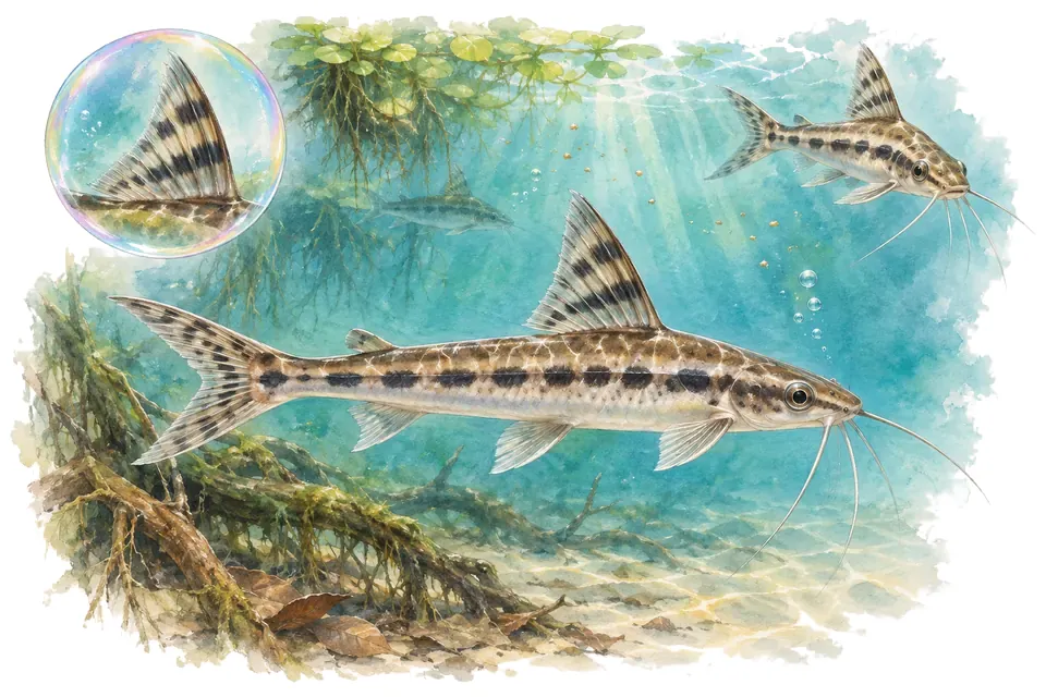 Aquarelle : Poisson-chat à dix rayons (Trachelyichthys decaradiatus) dans une eau turquoise lumineuse, avec une vue de trois quarts et un détail dans une bulle.