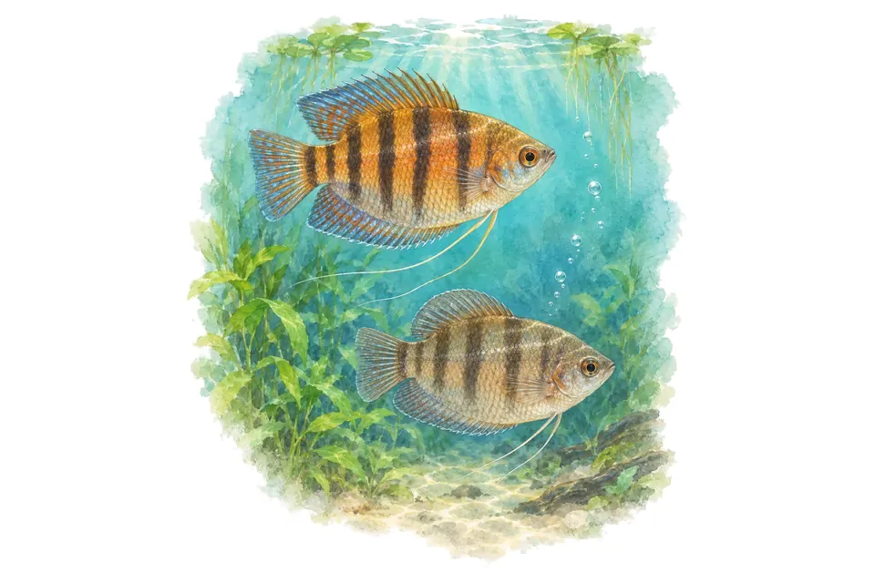 Aquarelle : Gourami fascié, mâle et femelle l'un au-dessus de l'autre dans une eau turquoise.