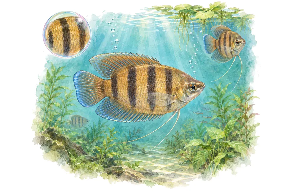 Aquarelle : Gourami fascié (Trichogaster fasciata) dans une eau turquoise lumineuse, avec une vue de trois quarts et un détail dans une bulle.