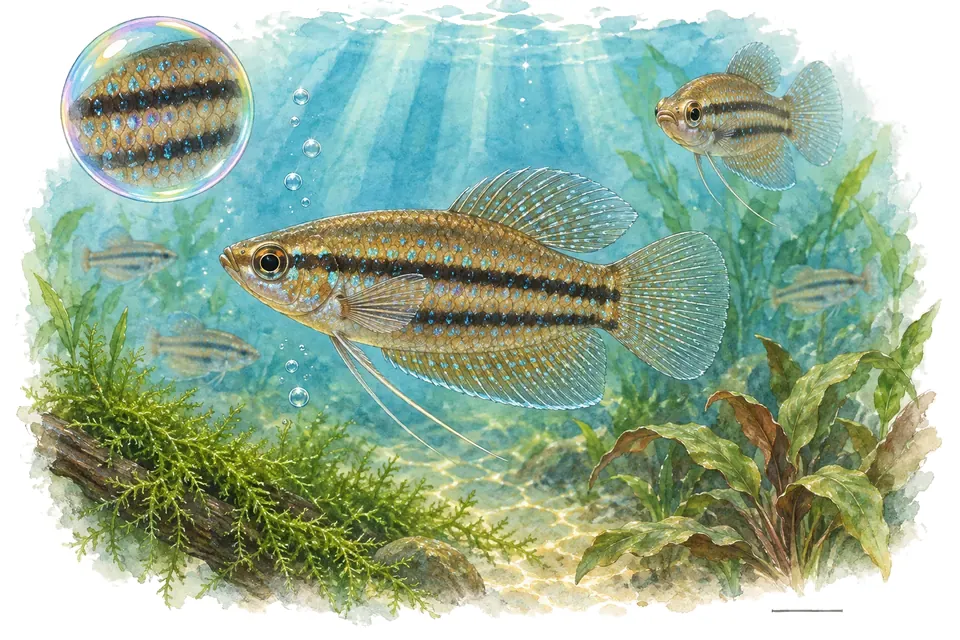 Aquarelle : Gourami grogneur à grandes taches (Trichopsis schalleri) dans une eau turquoise lumineuse, avec une vue de trois quarts et un détail dans une bulle.