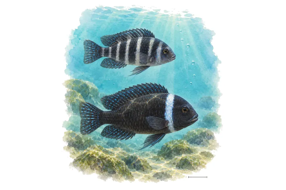 Aquarelle : Tropheus duboisi, jeune et adulte l'un au-dessus de l'autre dans une eau turquoise.