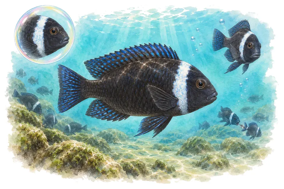 Aquarelle : Tropheus duboisi (Tropheus duboisi) dans une eau turquoise lumineuse, avec une vue de trois quarts et un détail dans une bulle.