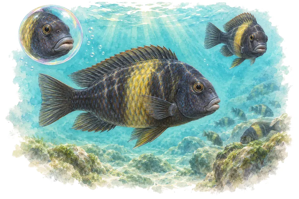 Aquarelle : Tropheus de Moor (Tropheus moorii) dans une eau turquoise lumineuse, avec une vue de trois quarts et un détail dans une bulle.