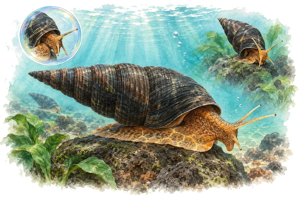 Aquarelle : Tylomelania du lac Towuti (Tylomelania towutensis) dans une eau turquoise lumineuse, avec une vue de trois quarts et un détail dans une bulle.
