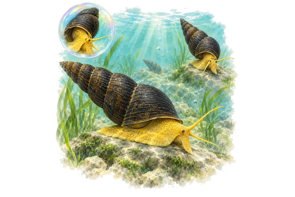 Aquarelle : Tylomelania jaune (Tylomelania patriarchalis) dans une eau turquoise lumineuse, avec une vue de trois quarts et un détail dans une bulle.