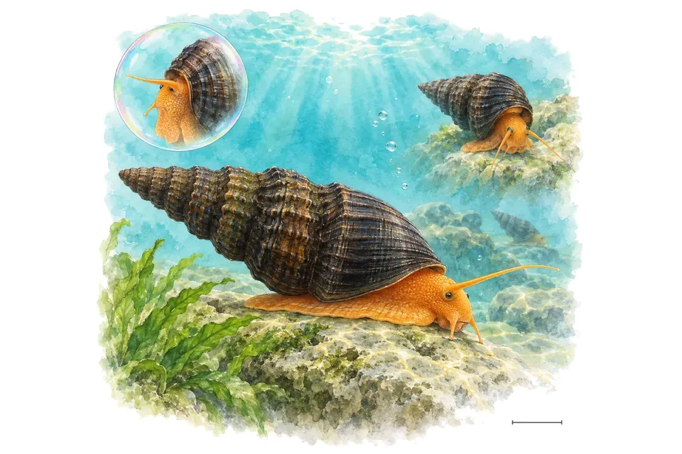 Aquarelle : Tylomelania orange (Tylomelania gemmifera) dans une eau turquoise lumineuse, avec une vue de trois quarts et un détail dans une bulle.