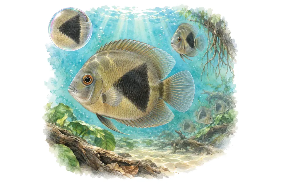 Aquarelle : Uaru (Uaru amphiacanthoides) dans une eau turquoise lumineuse, avec une vue de trois quarts et un détail dans une bulle.
